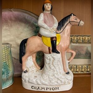 Antique Staffordshire “ Champion” Jockey on Horse Figure